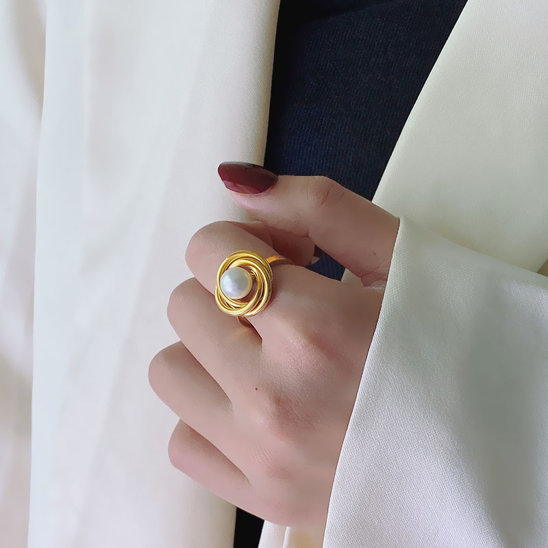 Pearl Inlay Material Rings Classification Vacuum Plating PVD Coated Real Gold Plated 18K Gold Round 304 Stainless Steel Retro Simple Style Waterproof Non Tarnish Rings