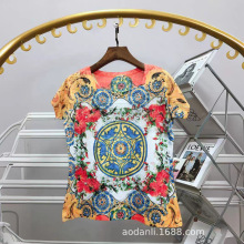 蚕丝棉夏季跨境外贸女装时尚通体印花圆领彩色柔软优雅短袖上衣