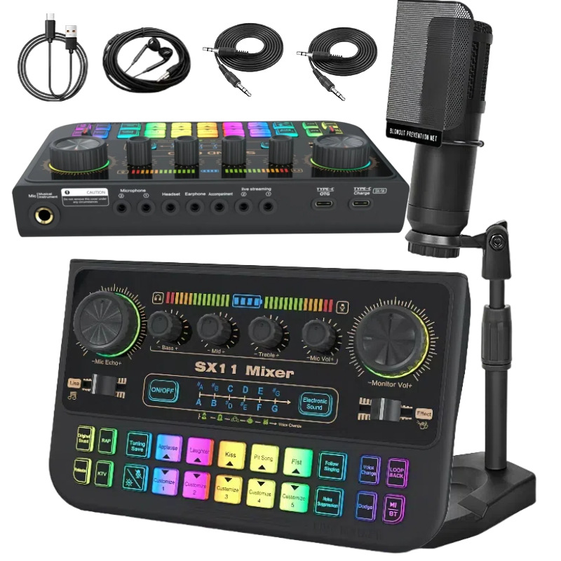 新款英文声卡套装 SX11混音变声器电音降噪直播录音K歌流媒体游戏