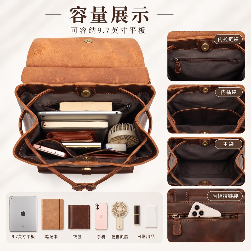 Ba lô nữ da bò thật 28×15×34 cm phong cách tối giản, đựng vừa máy tính bảng — Cà phê sâu