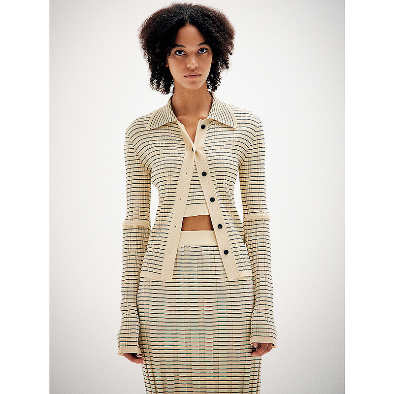 South Korea niche sweater striped cardigan long-sleeved coat women's elastic slim fit slimming design sense 24 early spring