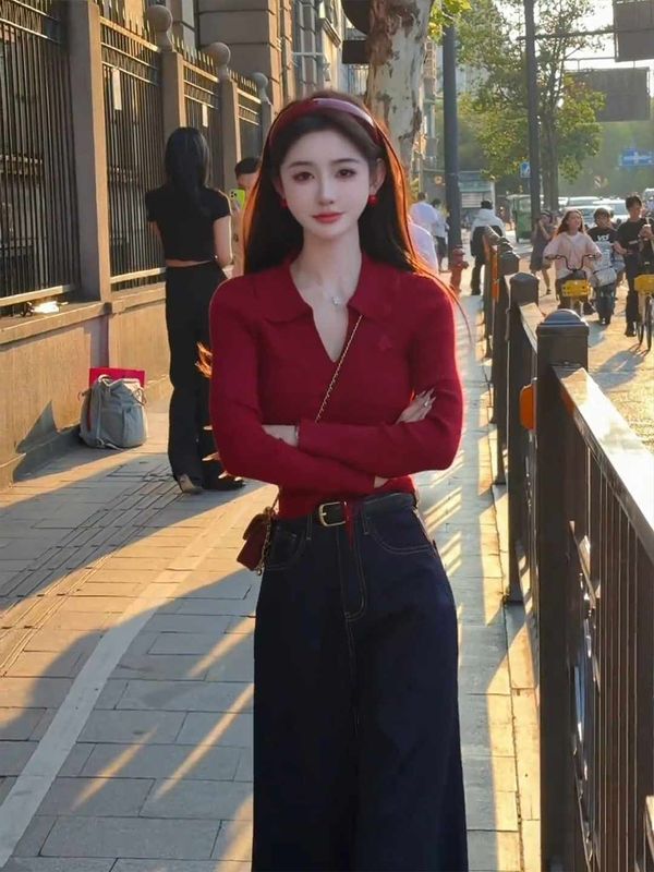 红色长袖polo领针织衫女2025早秋新款韩系修身翻领内搭打底衫上衣|undefined