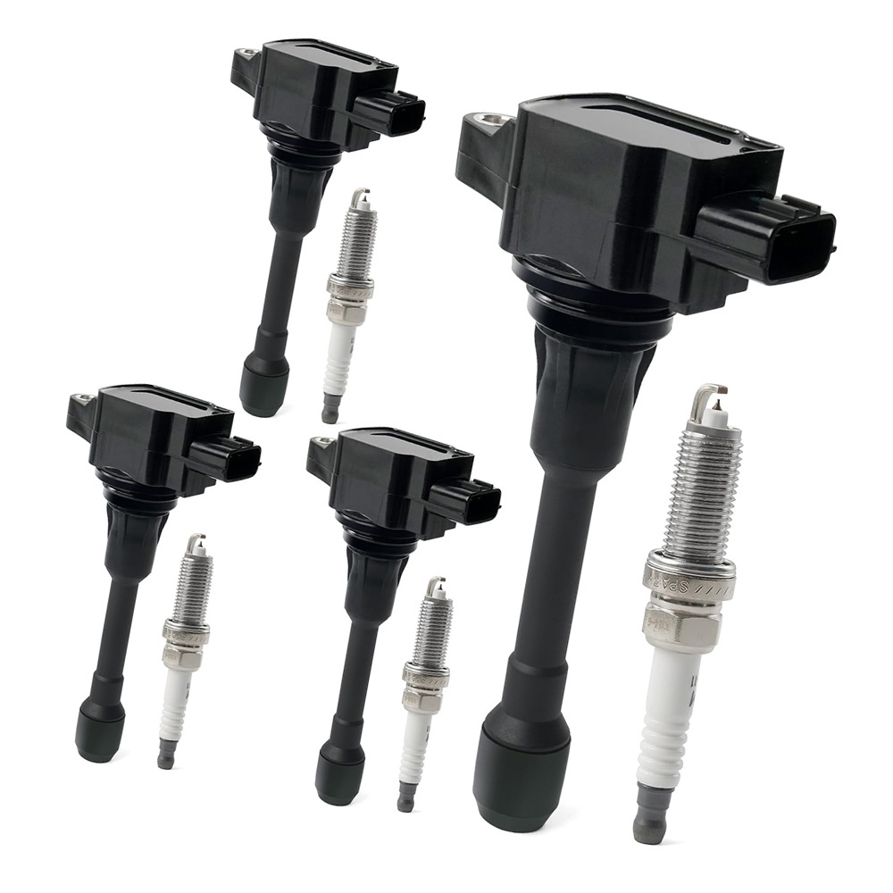A set of 4 ignition coils + iridium spark plugs suitable for Nissan 1.6 1.8 2.0 2.5L UF549
