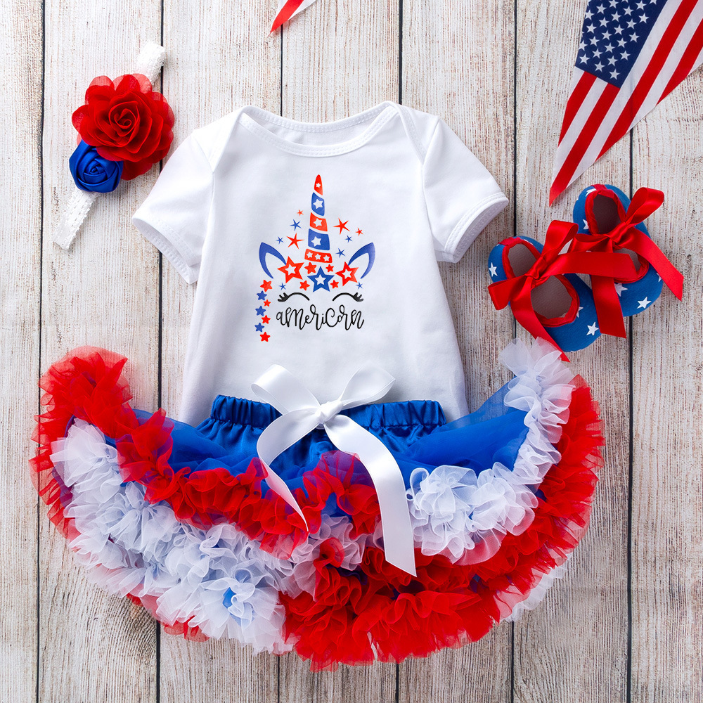 Independence Day New 0-2 Year Old Baby Short-sleeved Cartoon Hakka Tutu Dress Shoes Four-piece Foreign Trade Children's Clothing