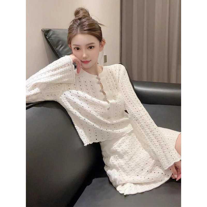 巨好看夏装一整套新款韩系独特绝美白色针织开衫半身裙两件套|undefined