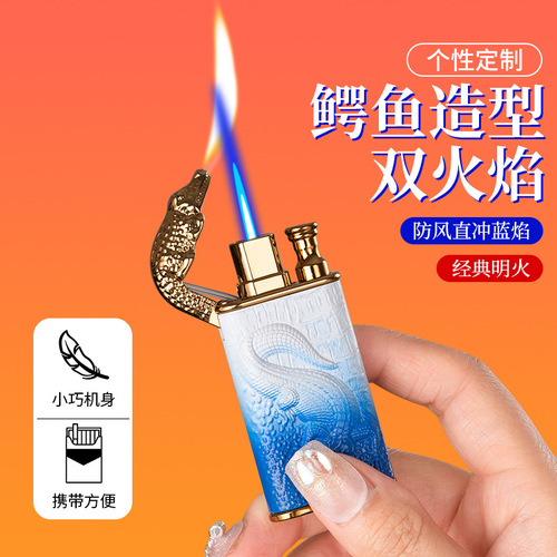 New double flame crocodile head gas lighter metal three-dimensional relief direct conversion open flame lighter wholesale