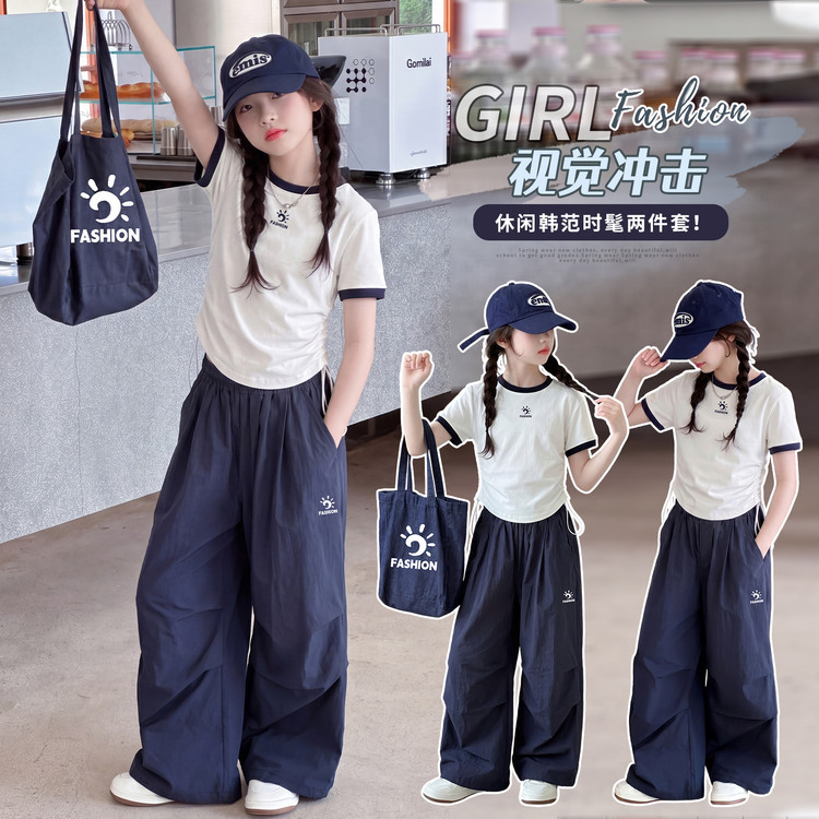 韩系女童休闲运动套装 2025新款短袖+阔腿裤+包包三件套潮款
