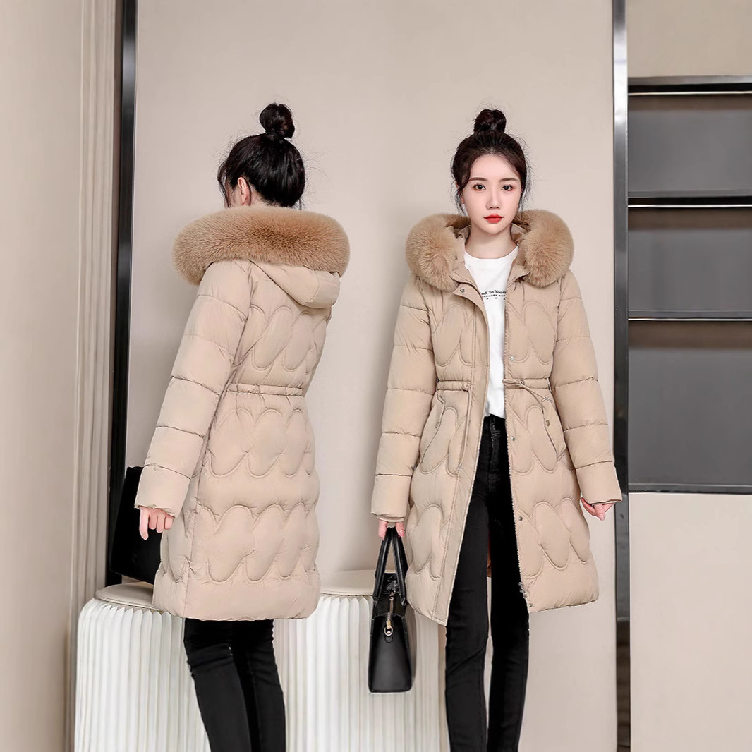 Comercio exterior 2025 nuevo algodón de invierno para mujeres largo delgado con capuzas cuello de lana de gran tamaño chaqueta de algodón chaqueta de mujer