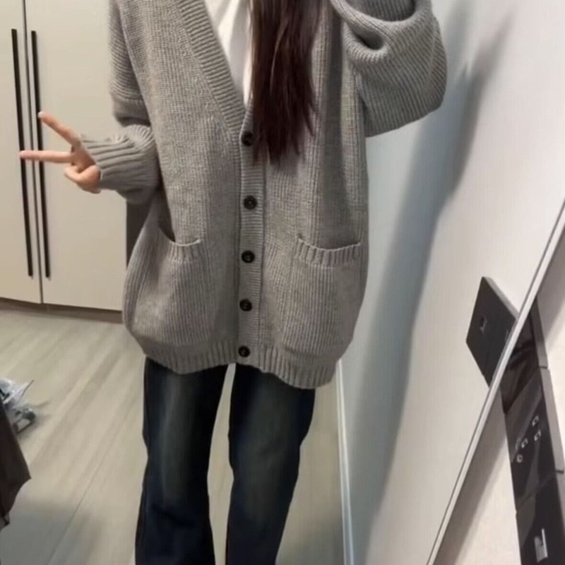 加厚版!慵懒风灰色单排扣毛衣开衫女外套秋装新款韩版宽松针织衫|undefined