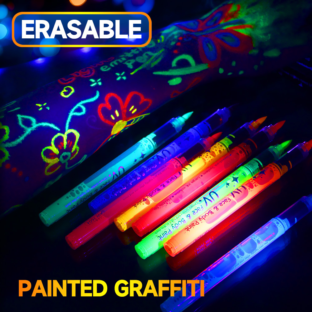 Pen de pintura corporal transfronteriza luminosa lavable con agua, pen de maquillaje de graffiti facial borrable, pen luminoso de atmósfera de fiesta