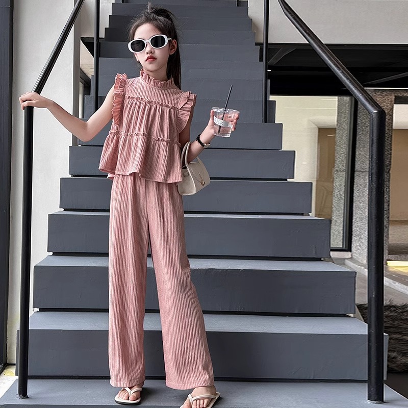 Vestito senza maniche da bambina 2024 estate nuovo stile coreano pantaloni sottili e larghi per bambini set due pezzi_voghion.com