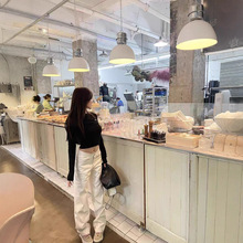 Du家美式白色纹理休闲裤v字腰头皮裤女秋高腰直筒长裤显腿长