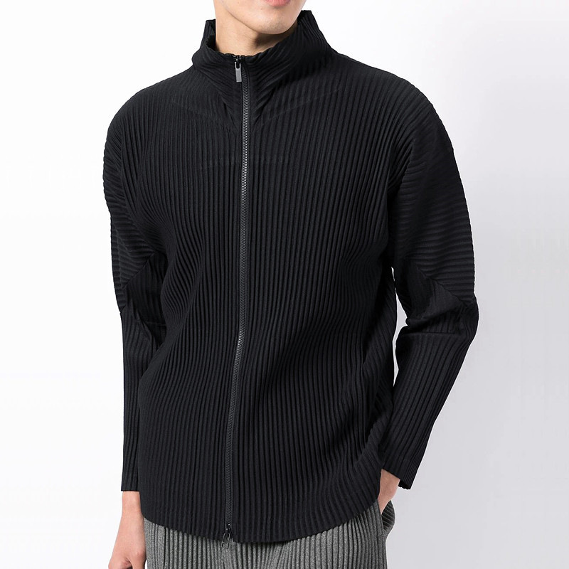 Japan Miyake Style Pleated Jl140 Basic Turtleneck Loose Casual Sports Zipper Long-Sleeved Outwear Jacket