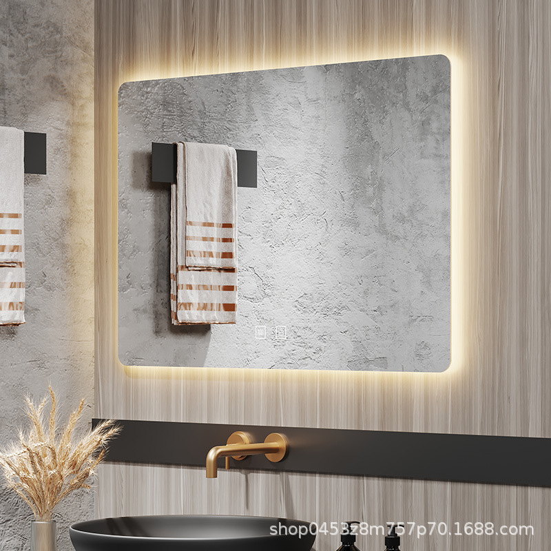Espejo de baño, gabinete de espejo de baño, lavabo de pared inteligente colgado en la pared, inodoro con lámpara de pantalla táctil, espejo de niebla led