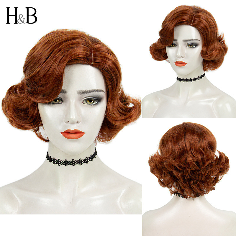 1920s Guangzhou retro women's burgundy short curly wig, Japanese Kanekalon European and American style wig