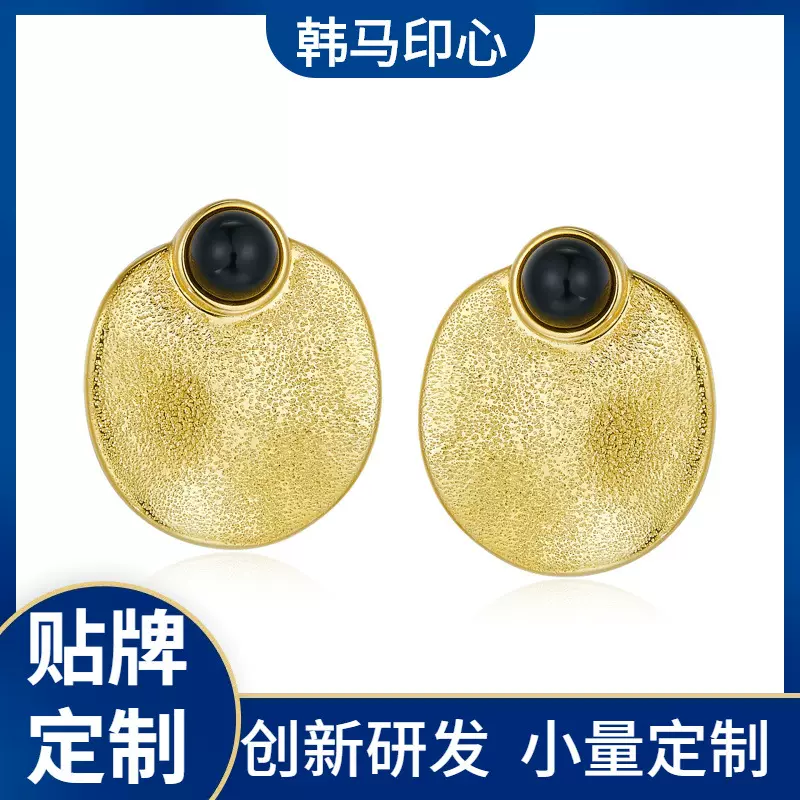 中古风925银圆形耳钉天然黑玛瑙电镀18K金手工纹法式复古精工耳饰