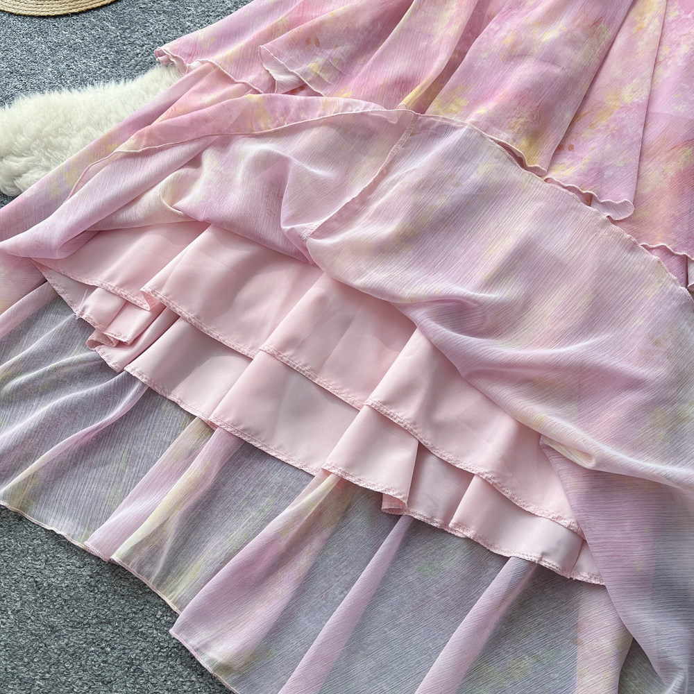 Pink Ruffled Cake Dress French Style Resort Sleeveless Off-Shoulder A-Line Women's Unique And Absolutely Stunning Dress_ecoleips.com