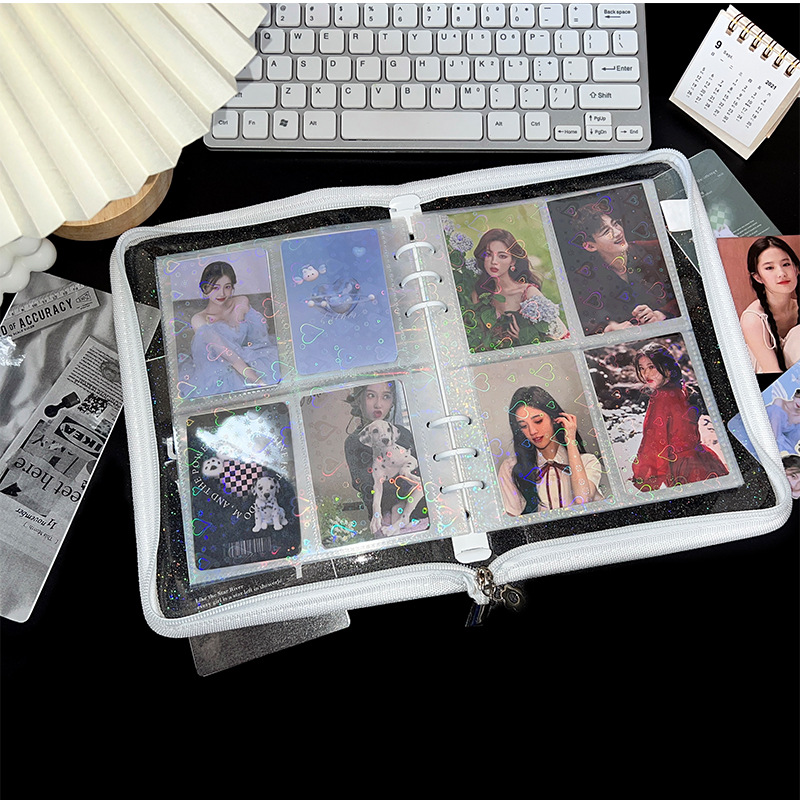 A5 Expandable Photo Album Bag with 6-Hole 3x5 Inch Pocket Cards, Laser Pattern Storage Card Case with 4-Grid Replaceable Inner Pages