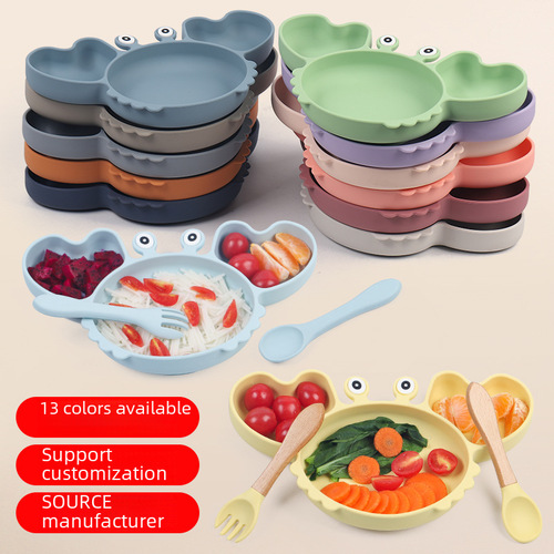 Children's Silicone Dinner Plate Crab Cartoon Dual Color Silicone Dinner Plate Powerful Suction Bowl Baby Toddler Dinner Plate Set