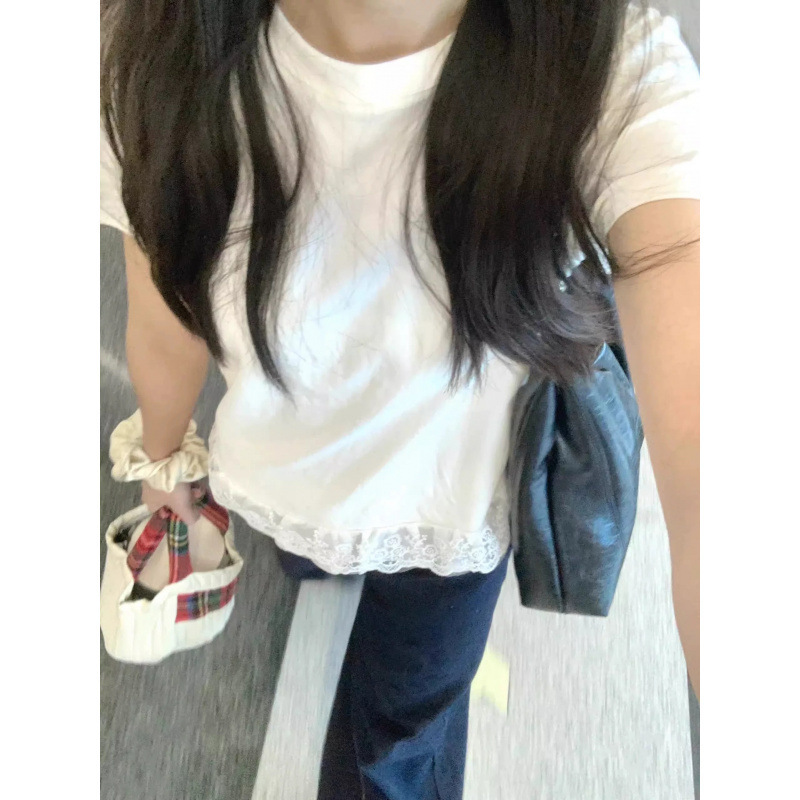 White Pure Lust Lace Short-Sleeved T-Shirt for Women 2025 Summer New Style Splicing Beautiful Unique Beautiful Small Top