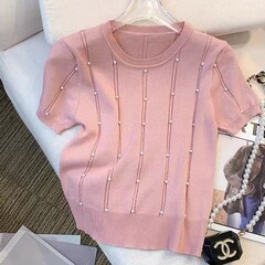 2025 新しい夏のスタイルシンプルで多用途ニッチスリムアイスシルクニット半袖 Tシャツ女性のデザイン薄いトップ