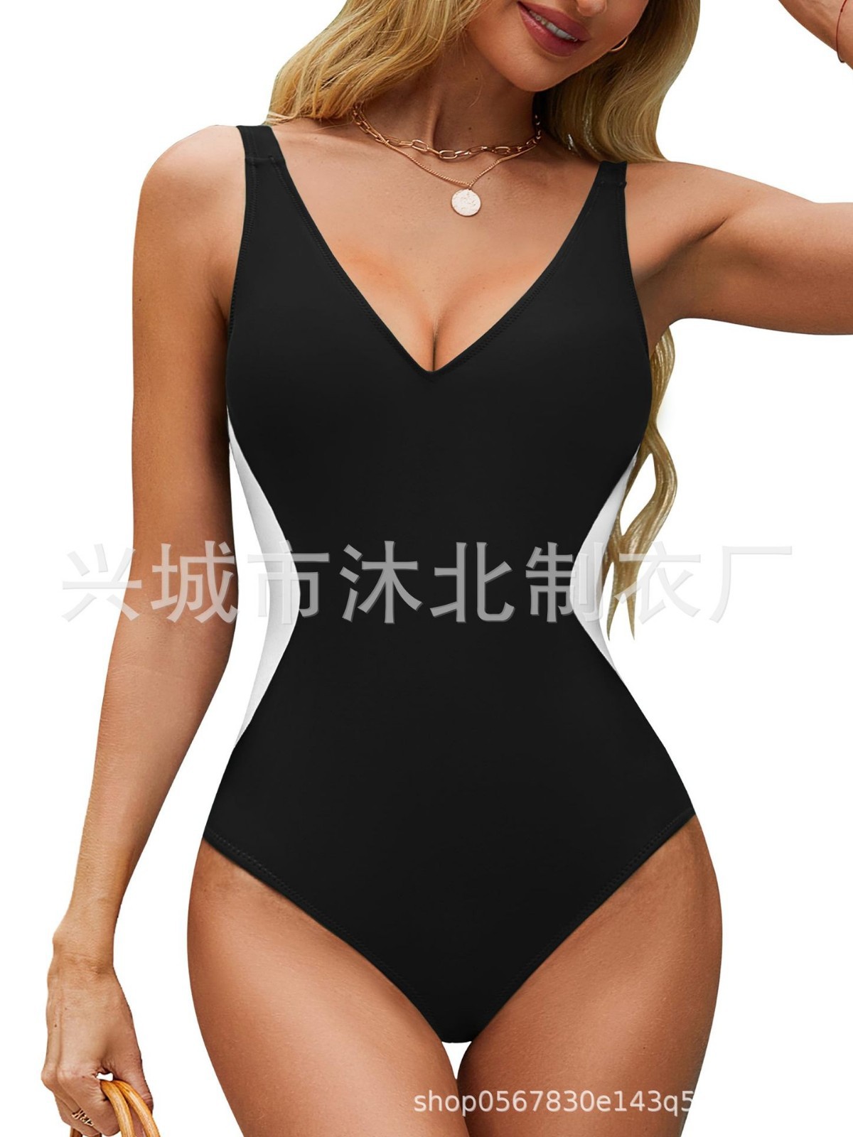 Traje de Baño Enterizo para Mujer, Estilo Europeo y Americano, con Tirantes, Ajustado, Reductor de Abdomen, Escote en V Profundo, Bloques de Color, Espalda Cruzada, 2025