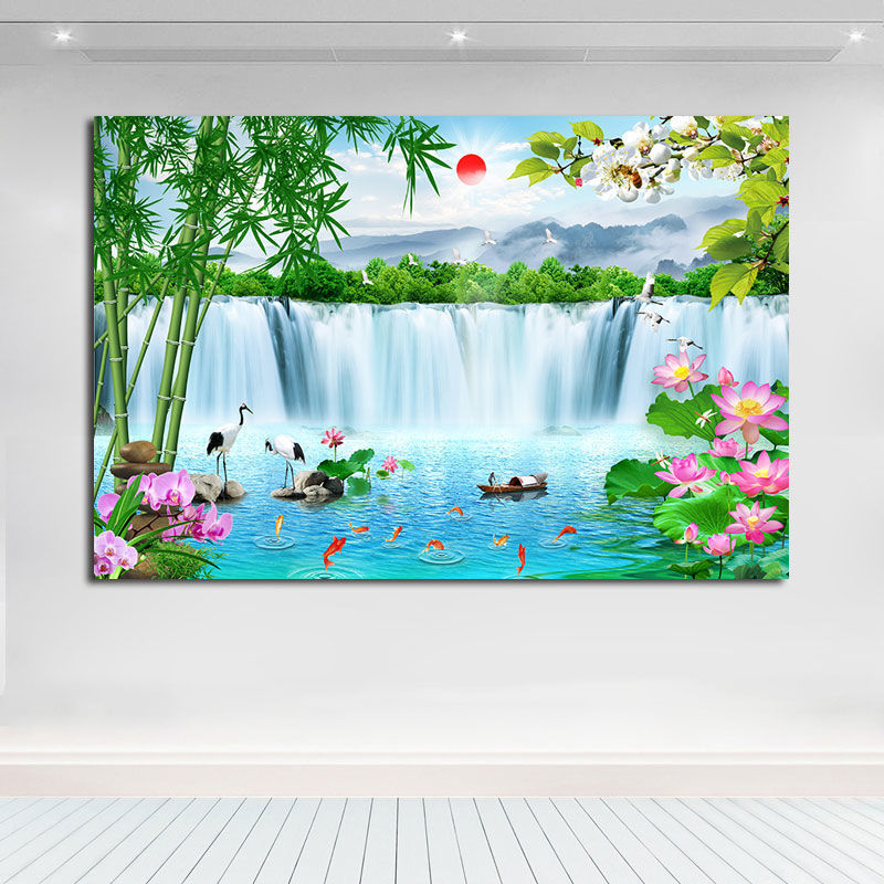 流水生財風景ポスター山水画壁貼りリビング装飾壁掛け絵テレビ背景壁自己貼り付け絵|undefined