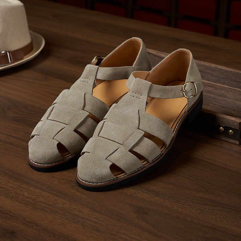 Cross-border Solid Color Vintage Woven Roman Sandals Flat All-match Breathable Hollow-out Genuine Leather Men's Roman Shoes