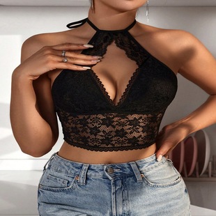 Sexy Lingerie Women's Sexy Lace Deep V Hollow Back Bra Leaky Back Hanging Neck Perspective Internal 2006