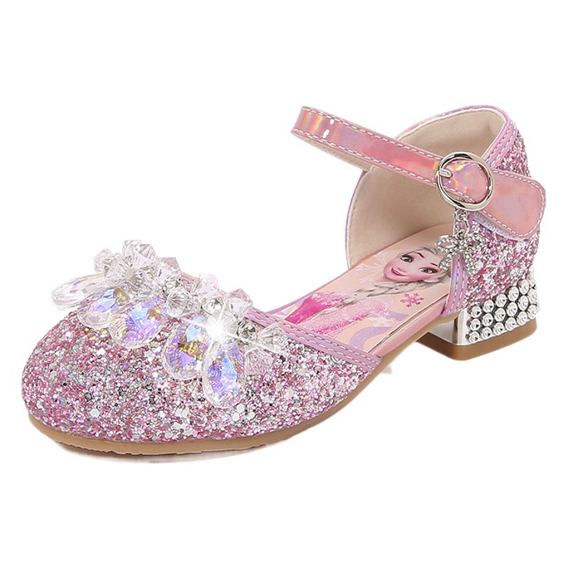 Детские туфли на каблуке 2024, новая модель весна, туфли принцессы Эльзы с кристаллами для девочек постарше, туфли для выступлений с одним ремешком для девочек