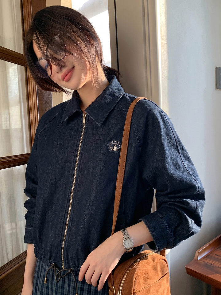 Áo khoác denim nữ dáng thông thường, dài tay, cổ bẻ, có dây rút, phong cách công sở — Màu tím than