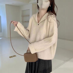 翻领针织衫毛衣新款2025秋冬女V领设计感小众宽松慵懒风上衣外套
