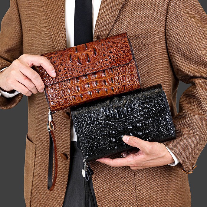 Borsa da uomo di alta gamma con stampa coccodrillo, elegante pochette da lavoro con doppia cerniera e portafoglio multifunzionale, nera e marrone._voghion.com