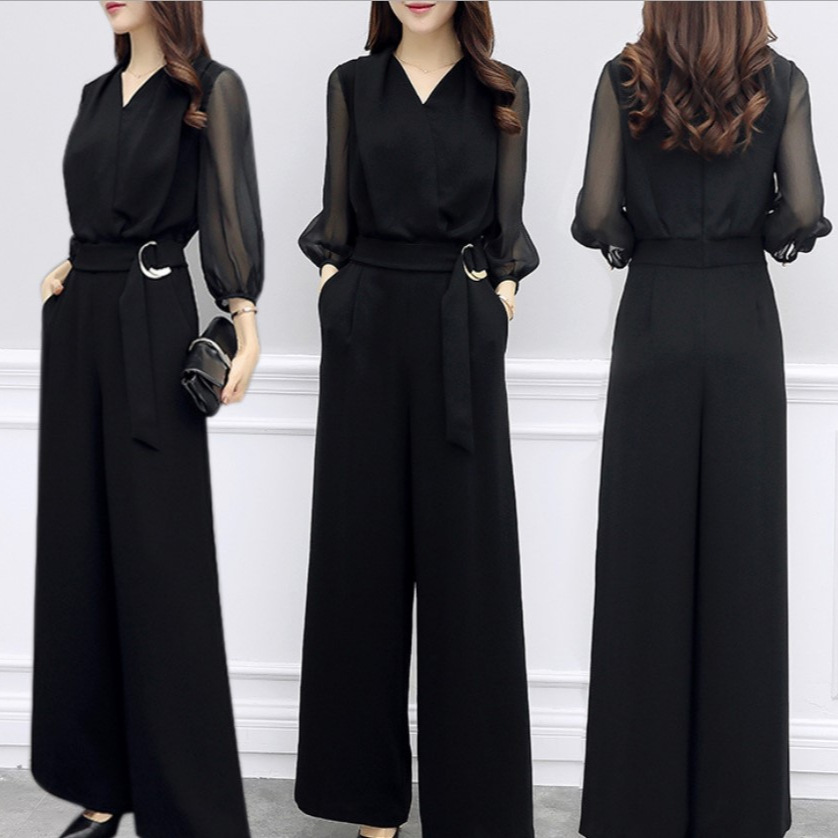 春夏新款高腰雪纺连衣裤黑色七分袖修身显瘦气质阔腿连体裤套装女