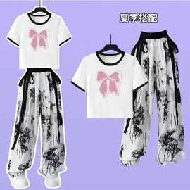 女童中国风套装国潮夏季水墨画阔腿裤中大童新中式上衣休闲两件套