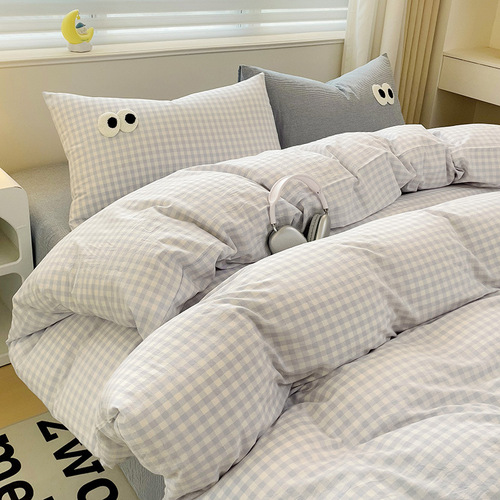 Small fresh cream style striped simple embroidery big eyes four-piece bed sheet quilt cover bed sheet dormitory three-piece set wholesale