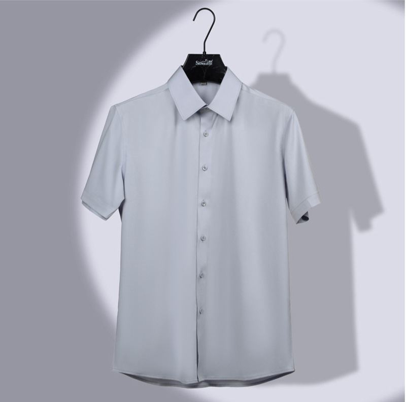 80 Aloe Mulberry Silk Shirt Men's Short-sleeved Summer Quick-drying Ice Silk Cool Dark Striped Texture Shirt
