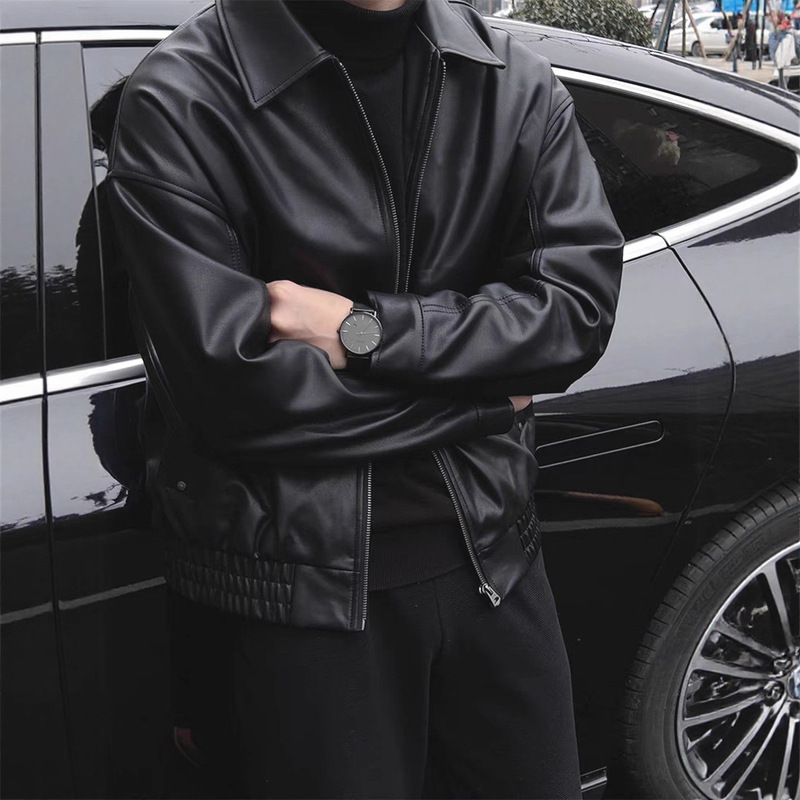 European Black Executive Jacket Men's American Fashion Brand Workwear Leather Jacket Lapel Zipper Jacket Pu Leather Casual Jacket