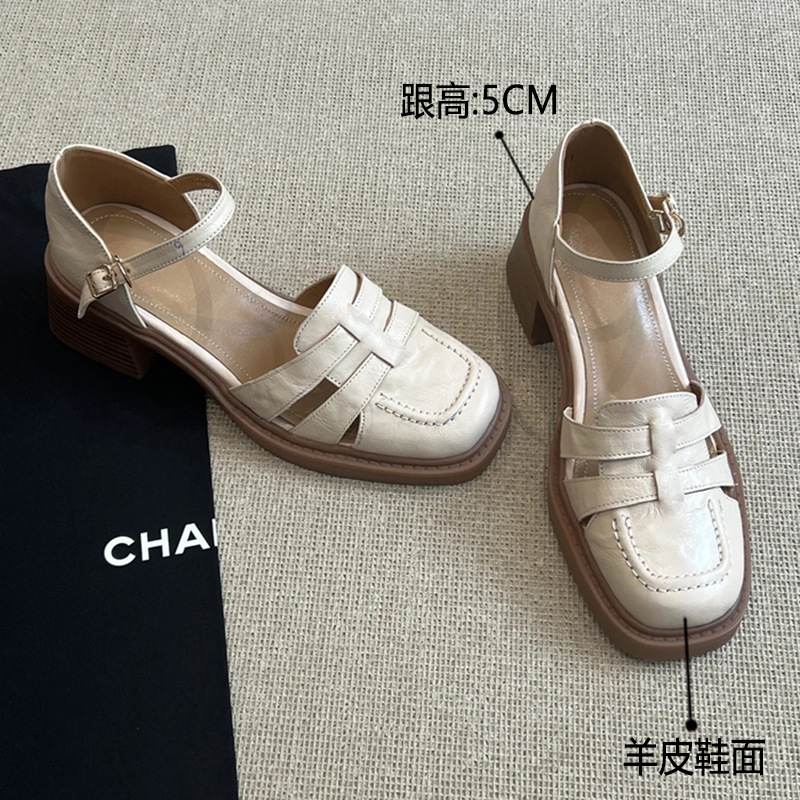 Super Soft Lambskin ~ Baotou Sandals for Women, Summer Outer Wear, Genuine Leather Roman Shoes, Thick Heels, High Heels, French Hollow Shoes