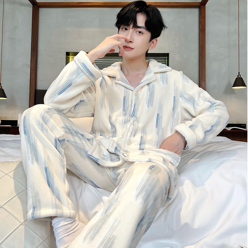 Autumn and Winter Flannel Men's Pajamas Thickeneded Warm Fleece-Lined Coral Velvet Middle-Aged and Young Large Size Home Clothes New Style