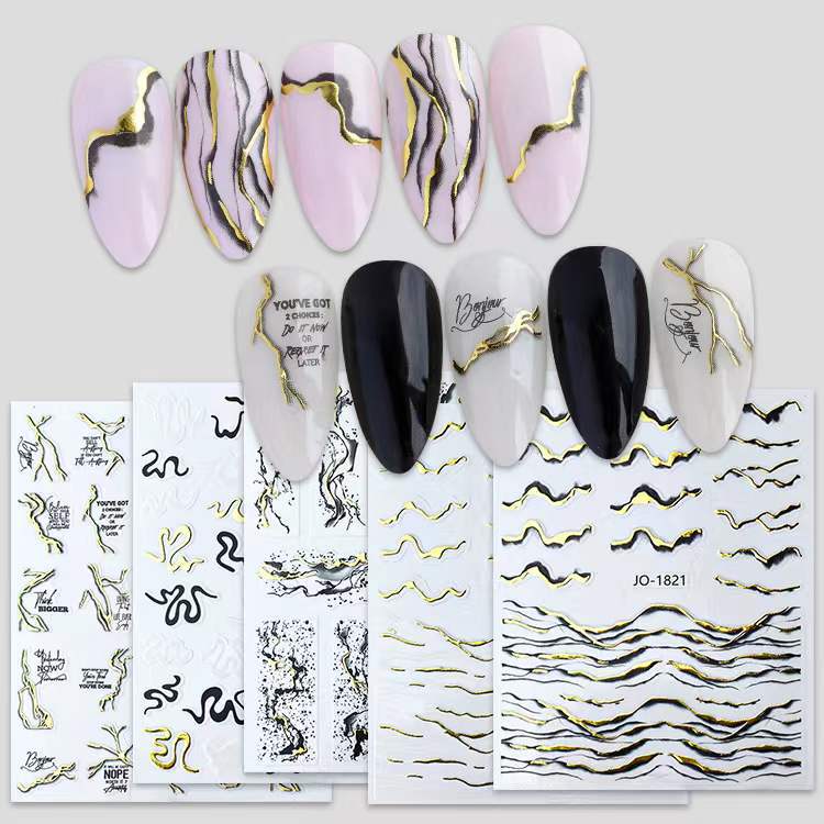 Nuevas pegatinas de uñas de oro de color marmoleado transfronterizo patrón de colina irregular curva dorada en blanco y negro pegatinas astringentes