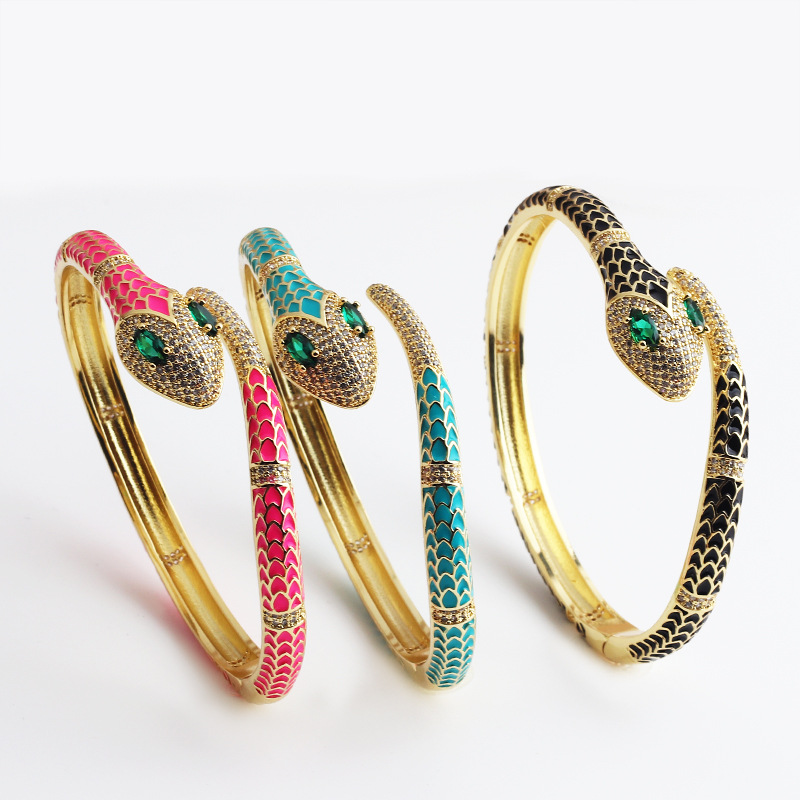 Retro Snake Copper Bangle Inlay Zircon Copper Bracelets