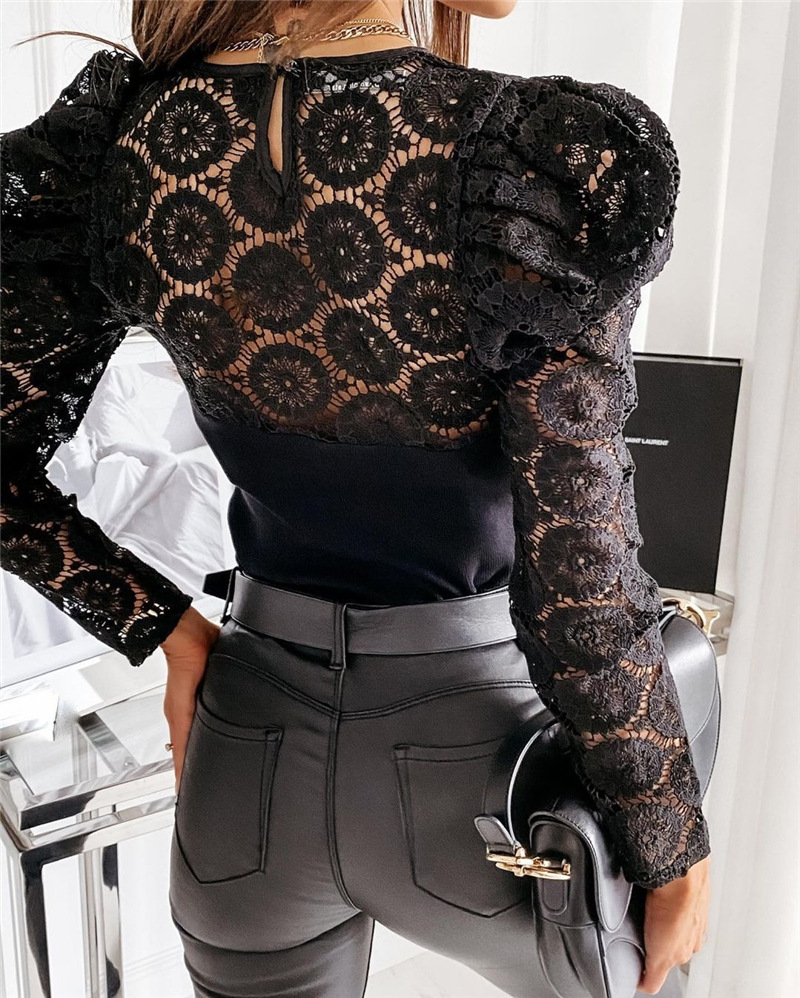 Fashion Solid Color Polyester Round Neck Long Sleeve Regular Sleeve Patchwork Lace T-shirt display picture 9