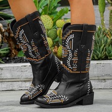 2025新款跨境独立站欧洲女马丁鞋短靴西部中筒尖头刺绣复古皮靴