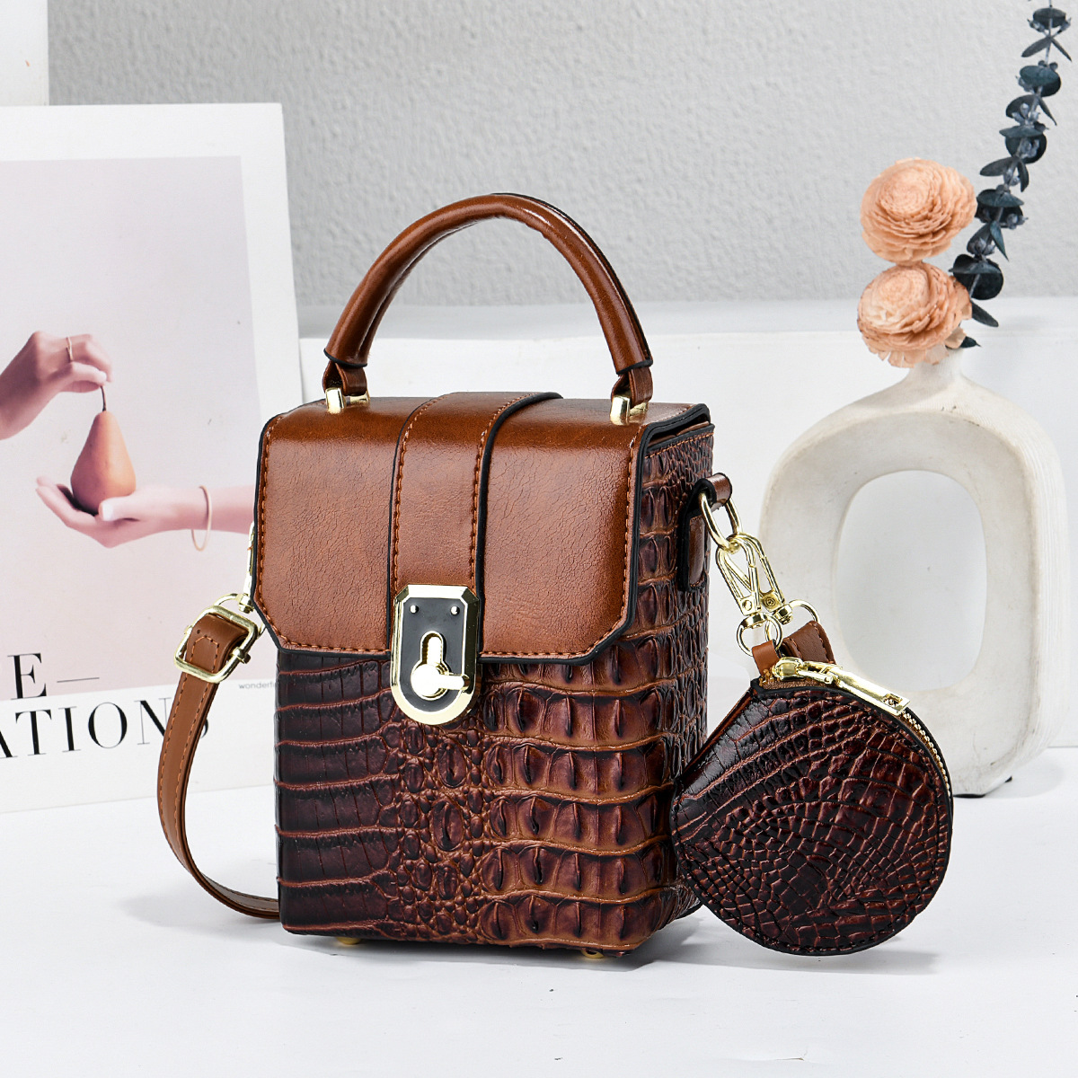Dos paquetes de bolsas de cocodrilo compactas, bolsas de cubo, mini bolsas de mano, bolsas de hombro, bolsas transfronterizas
