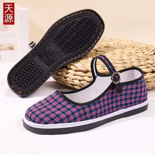 Old Beijing women's square mouth plaid cloth shoes one-line shallow mouth flat bottom handmade cotton cloth shoes thousand-layer bottom process 