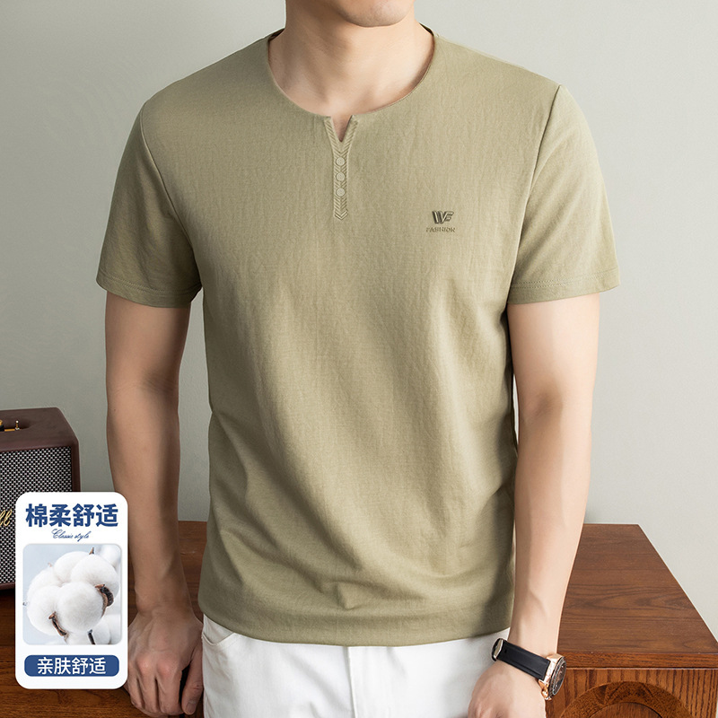 Cross-Border Foreign Trade High-End Men's Linen V-Neck T-Shirt, Casual Versatile Clothing for Middle-Aged and Elderly Men, Dad's Shirt, Men's T-Shirt