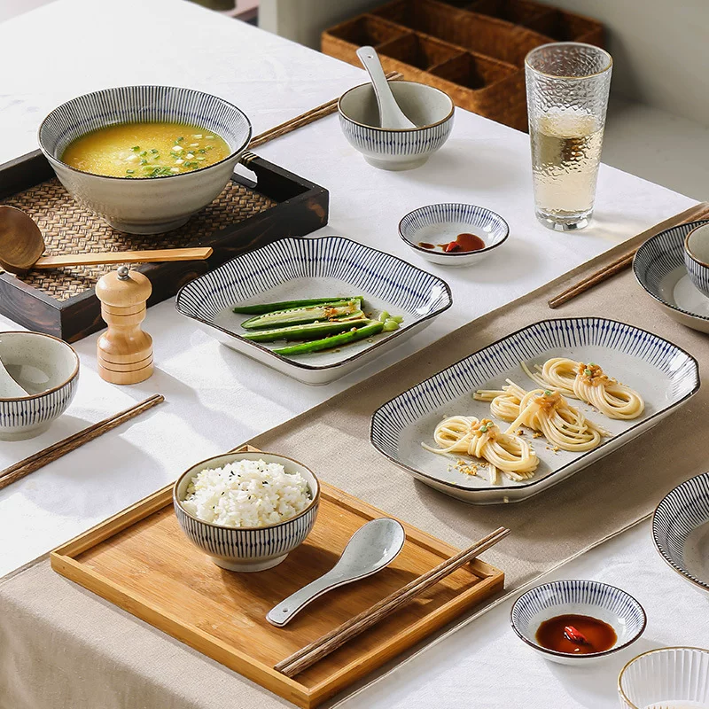 日式复古陶瓷餐具手绘釉下彩碗盘碟家用餐厅创意米饭碗4.5寸