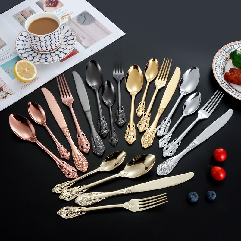 Corte cuchillo de acero inoxidable, tenedor y cuchara europeo retro alivio creativo occidental cuchillo de carne, tenedor y cuchara hotel vajilla traje