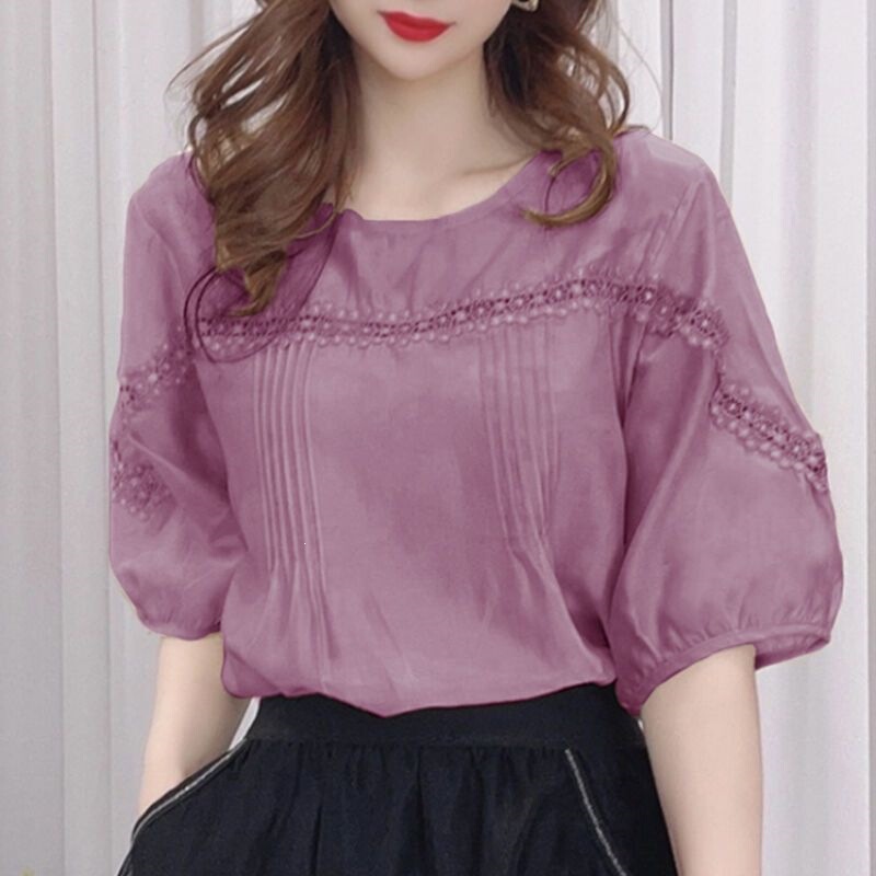 Ice Silk Cotton Puff Sleeve Shirt for Women, New Autumn Style Lace Splicing Hollow-Out Shirt, Loose Plus-Size Mid-Sleeve Top for Women